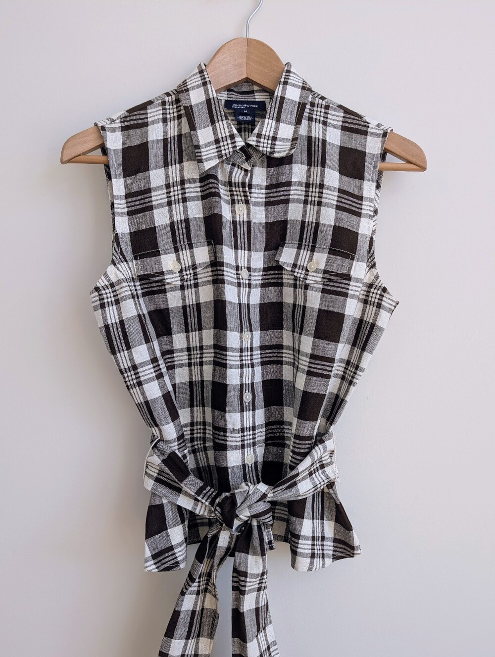 Jones New York 100% Linen Chocolate Brown Cream Plaid Sleeveless Button Down M